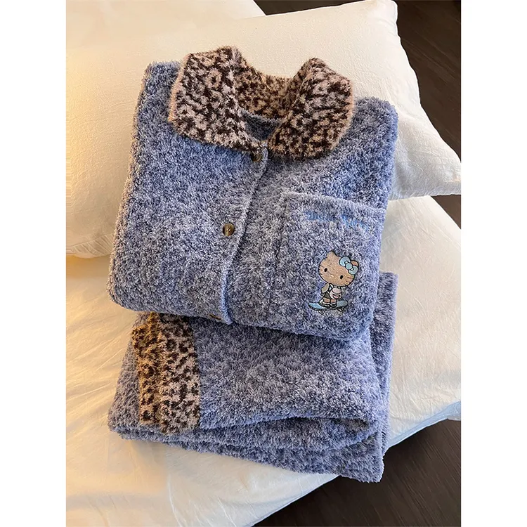 豹纹凯蒂猫半边绒睡衣女2025秋冬季新款加厚保暖家居服套装可外穿