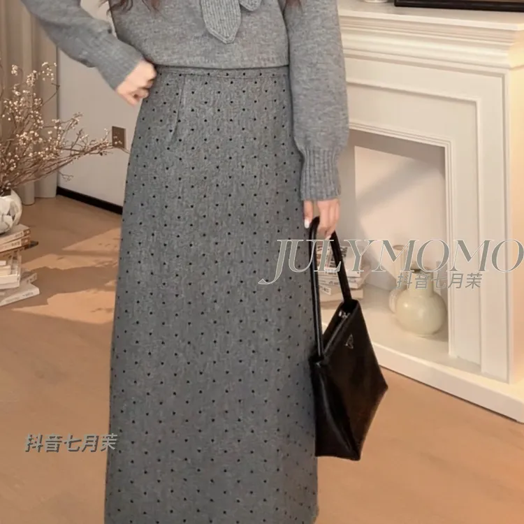 灰色波点半身裙秋冬季2025新款韩系穿搭高级感9487