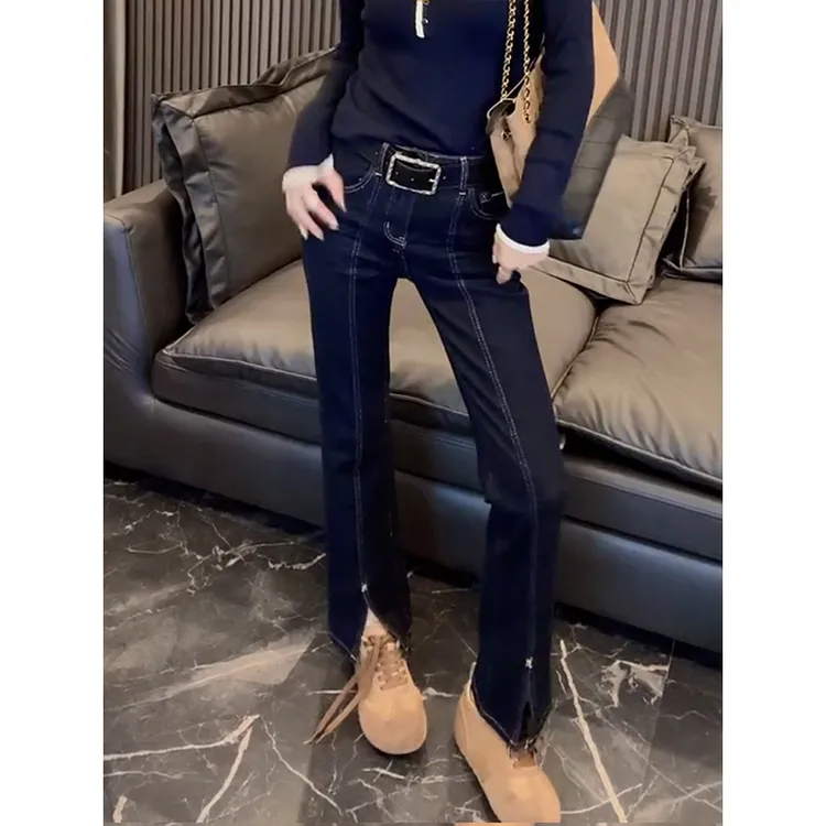 百搭简约设计开叉微喇裤女2025秋季新款小个子高腰显瘦九分牛仔裤