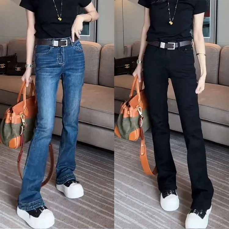 小个子穿搭蓝色窄版马蹄裤女2025秋季新款时尚高腰显瘦百搭牛仔裤