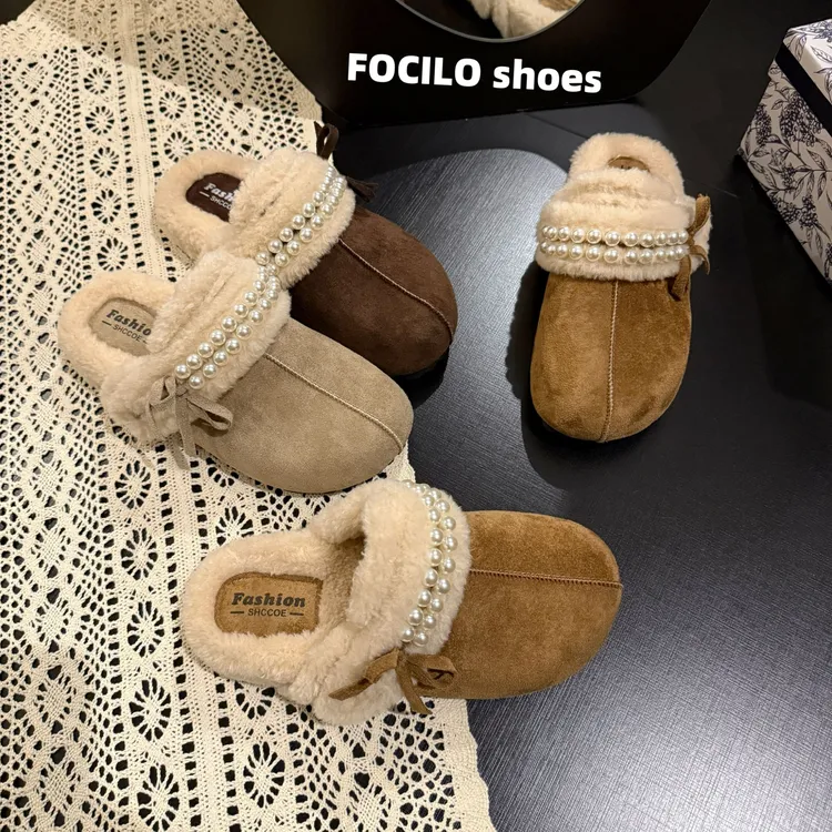 包头厚底珍珠毛毛拖鞋女外穿2025新款秋冬加绒保暖一脚蹬勃肯棉鞋