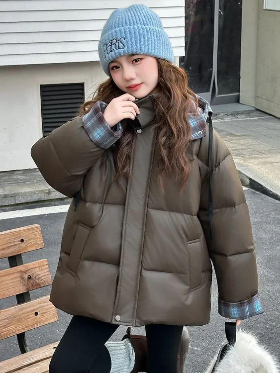 女童棉衣加厚洋气时髦皮衣外套冬装2025女大童棉服免洗皮棉袄冬季