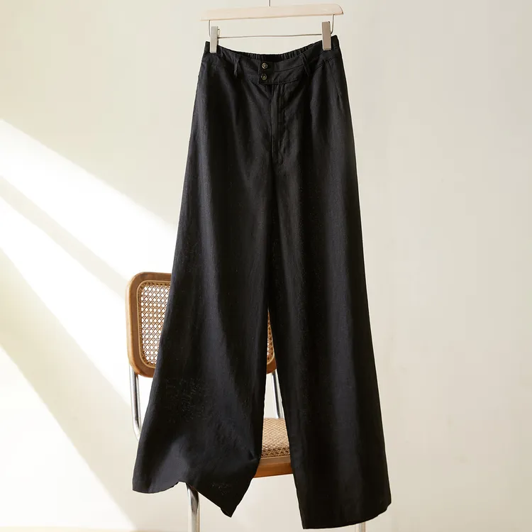 棉茧 2025夏季新款苎麻阔腿裤女高腰后松紧透气垂坠休闲裤女
