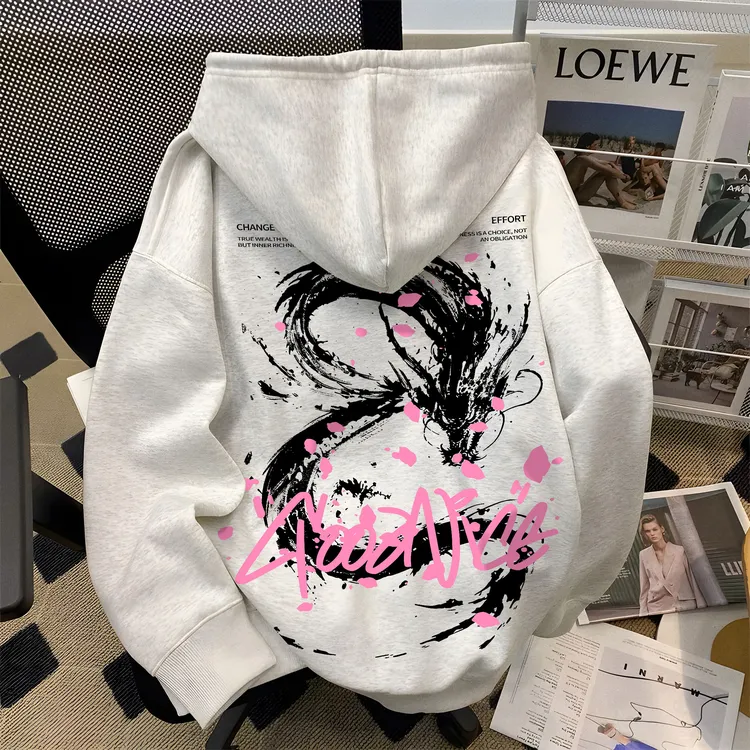 重磅国潮牌樱花龙印花连帽卫衣男女同款秋冬季加绒宽松型长袖外套