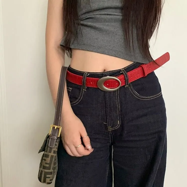 美式复古红色鳄鱼皮纹腰带女简约高级感y2k辣妹时尚百搭皮带配饰