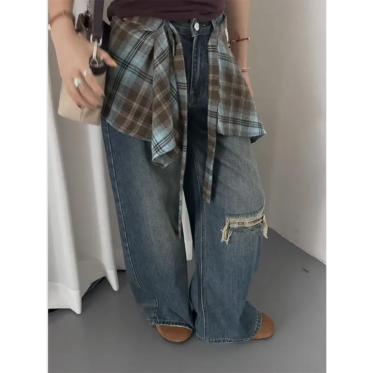 屁帘格纹设计感显瘦牛仔裤女秋季新款高个子休闲复古水洗阔腿长裤