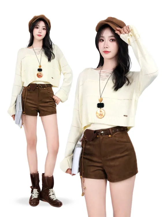 [街调]V领针织长袖镂空女毛针织衫秋季宽松毛衣百搭复古ins