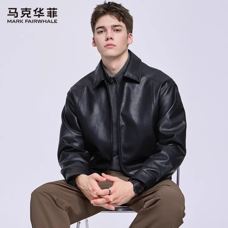 马克华菲美式复古翻领皮夹克男2025秋冬新款宽松机车夹棉pu皮外套