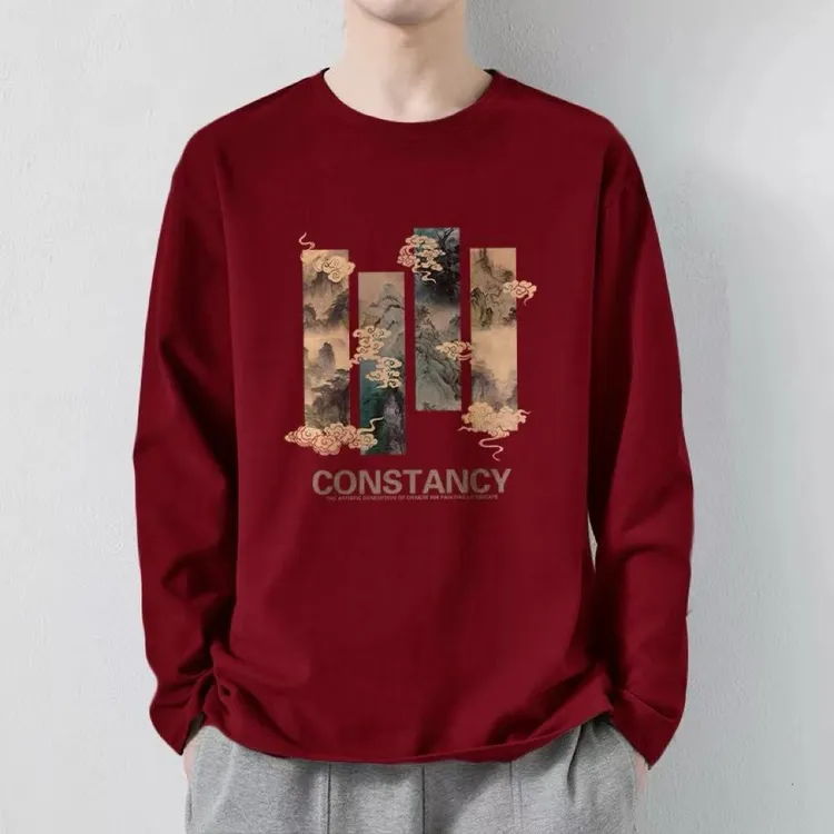 春秋纯棉圆领宽松长袖T恤国潮系列男士潮流打底