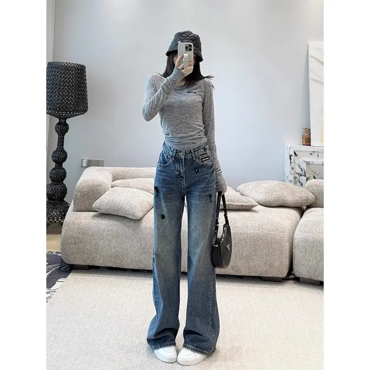 感烫钻钉珠牛仔裤女秋季新款直筒美式复古窄版阔腿裤宽松显瘦长裤