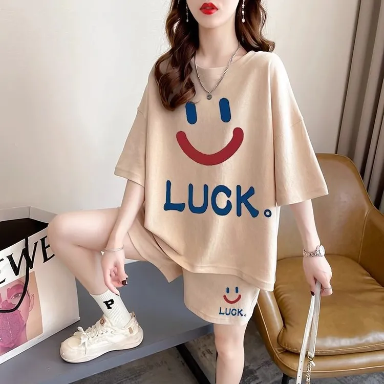 夏季大码时尚运动套装女2025新款韩版宽松休闲时尚短袖短裤两件套