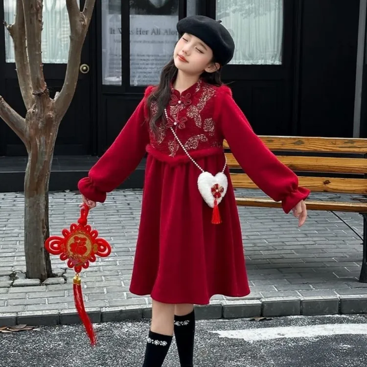 女童秋冬汉服连衣裙加绒儿童旗袍过年装新年裙子女孩拜年服公主裙