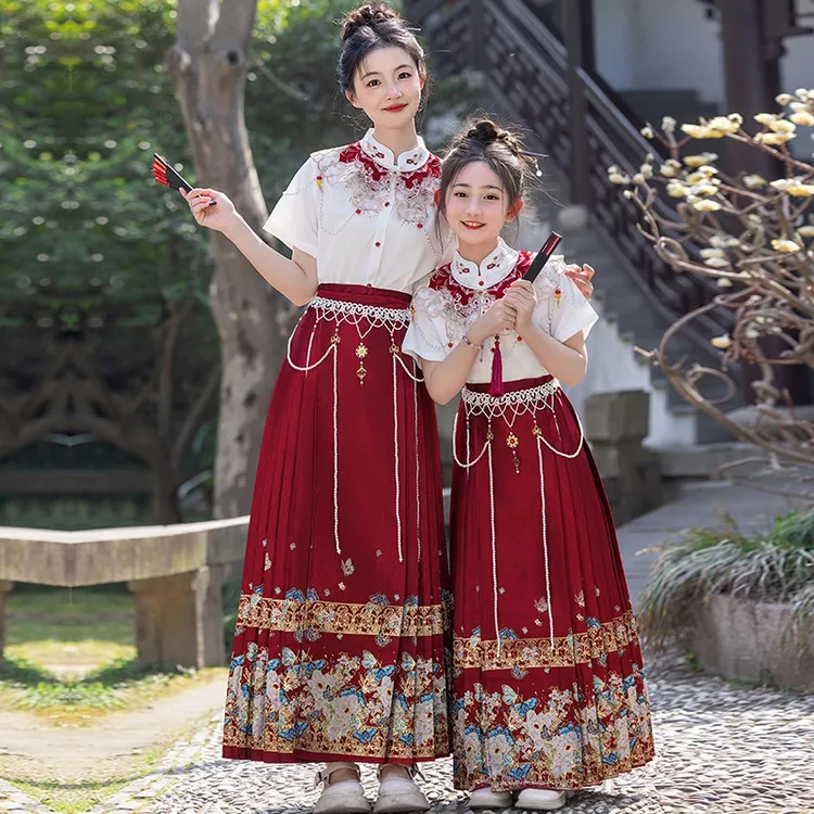 女童马面裙套装2025春夏新款古风新中式母女亲子装礼服国风演出服