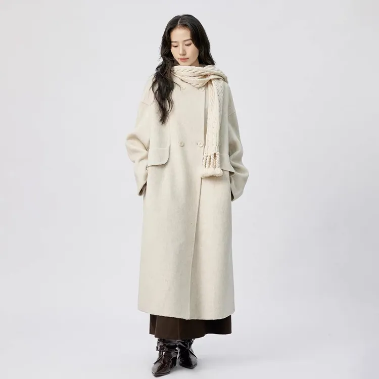 【沐禾】202冬季韩版长款双面简约气质围巾款大衣 衣长111