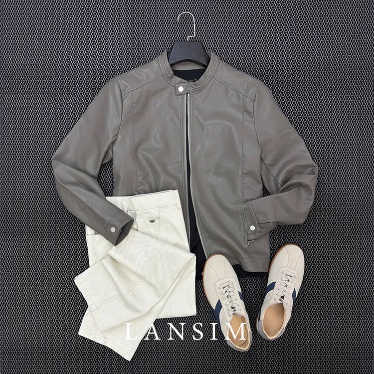  LANSIM·美式复古立领机车风PU皮衣外套秋冬季痞帅高级感短款夹克