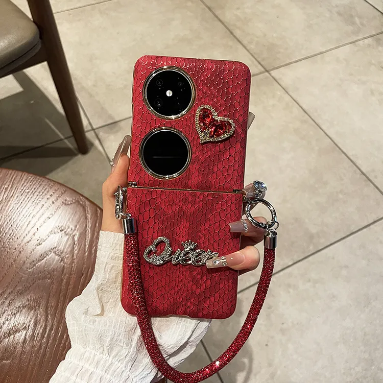 适用华为pocket2手机壳电镀鳄鱼纹红色英文爱心pocketS皮套潮p50