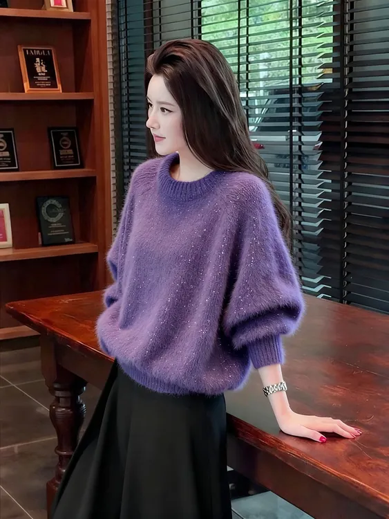 温柔风软糯轻熟亮片圆领毛衣女秋冬紫色宽松外穿套头针织衫上衣