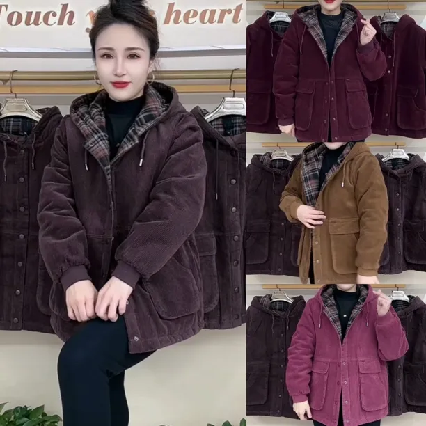 中老年妈妈冬季连帽条绒加厚保暖宽松休闲大码女装棉服外套洋气