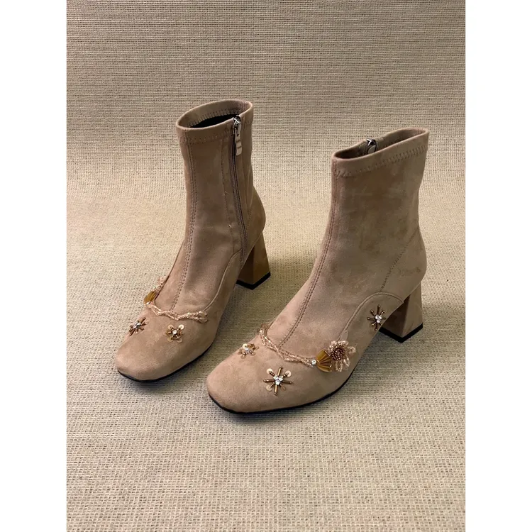 nnmiss/5cm复古风方头磨砂短靴闪片串珠花朵侧拉链时装靴