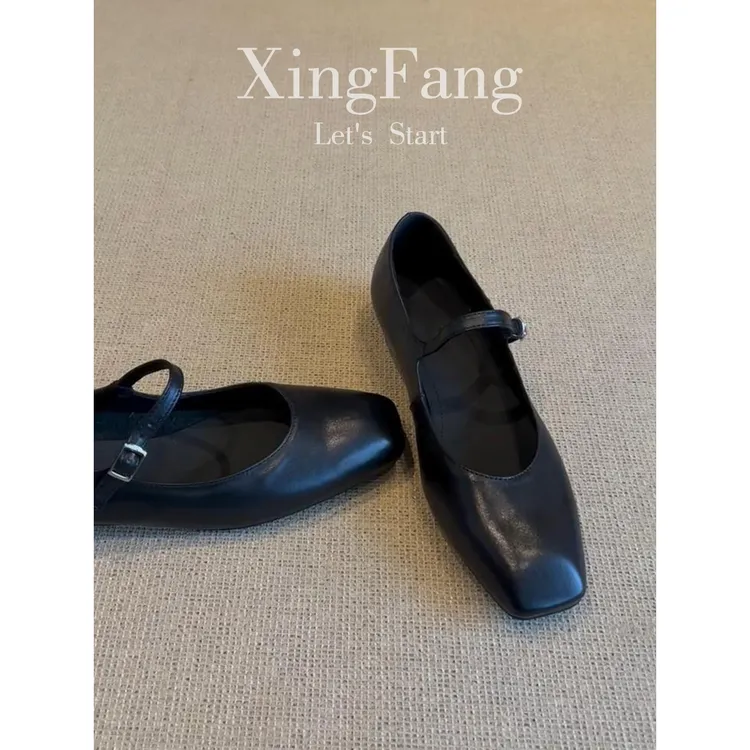 牛皮版~法式一字带玛丽珍鞋女2025新款黑色百搭方头软底平底单鞋