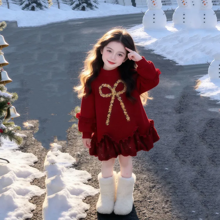 女童加绒连衣裙宝宝公主裙小女孩亮片裙子红色洋气新年儿童拜年服