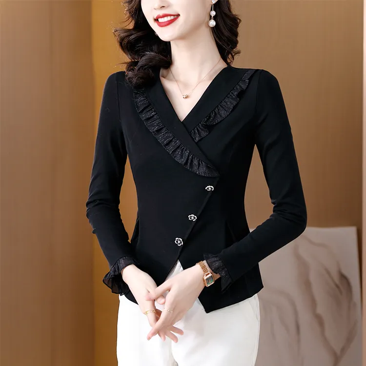 长袖t恤女2025春季新款高端气质交叉v领荷叶边打底衫