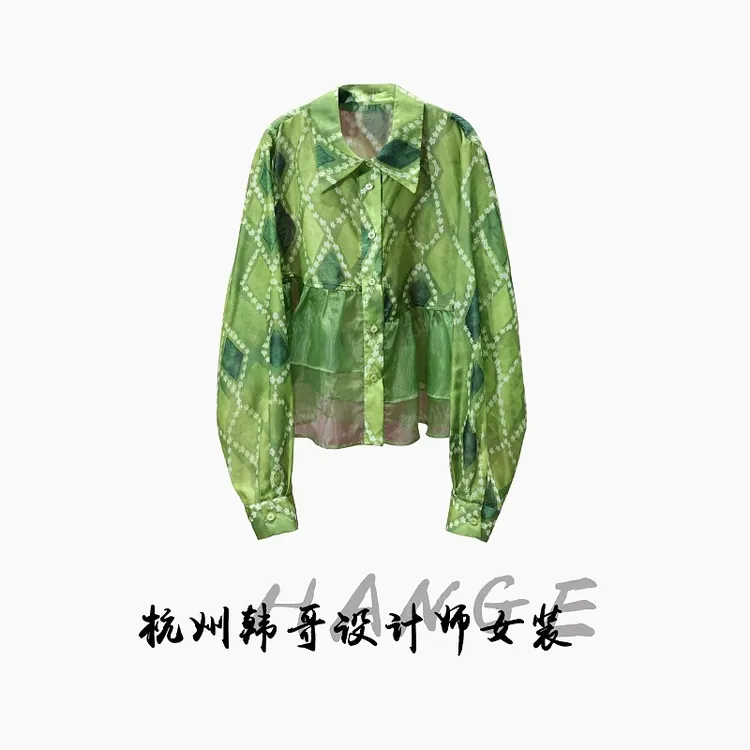 【韩哥女装】2025欧版新品森林绿拼接网纱时尚休闲气质衬衫9637-F3