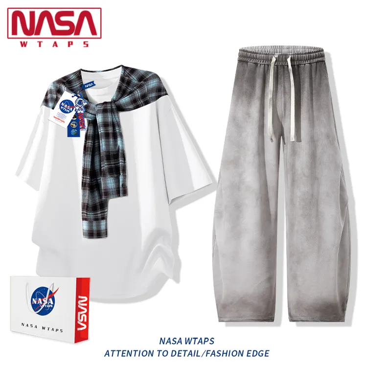NASA WTAPS美式格子假两件短袖套装男夏季潮流百搭T恤长裤两件套
