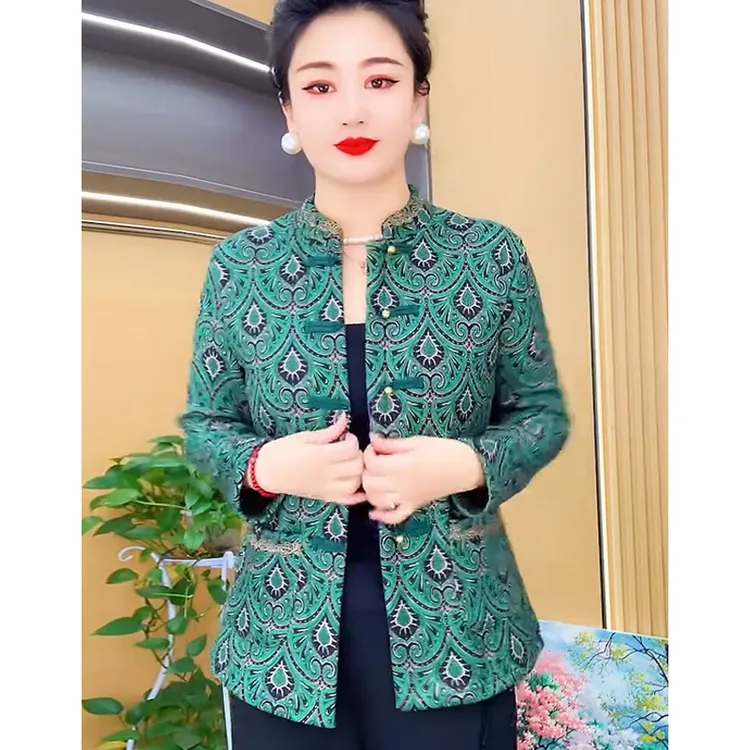 加绒加厚款长袖立领上衣气质网红百搭提花冬季妈妈装减龄过年外套