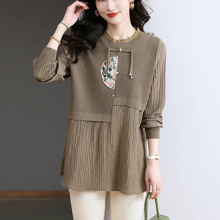 新中式假两件上衣女春秋中长款遮屁股时尚洋气妈妈打底衫宽松大码