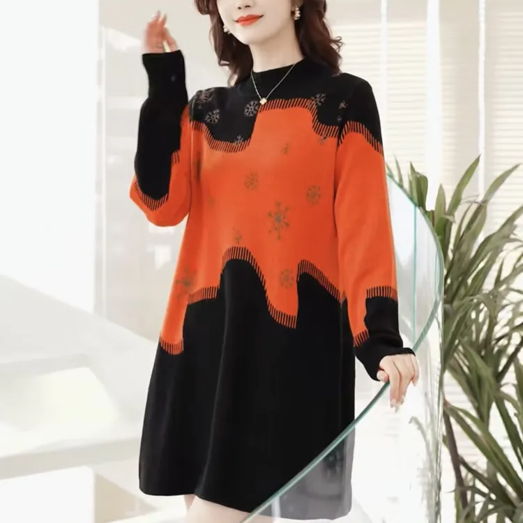 【 175】秋冬女针织衫中长款毛衣裙宽松大码显瘦圆领针织衫