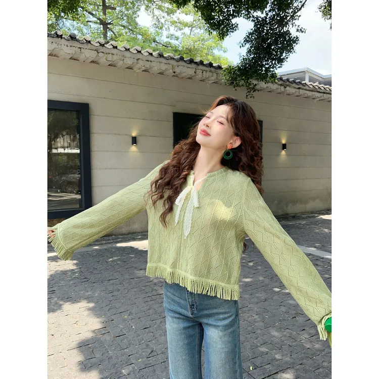 温舒敏【茶薄荷】港风复古毛针织衫女显瘦百搭上衣MS1113214