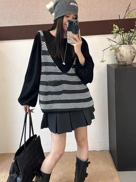 欧洲站针织条纹马甲长袖衬衫两件套2025秋季新款女设计感洋气套装