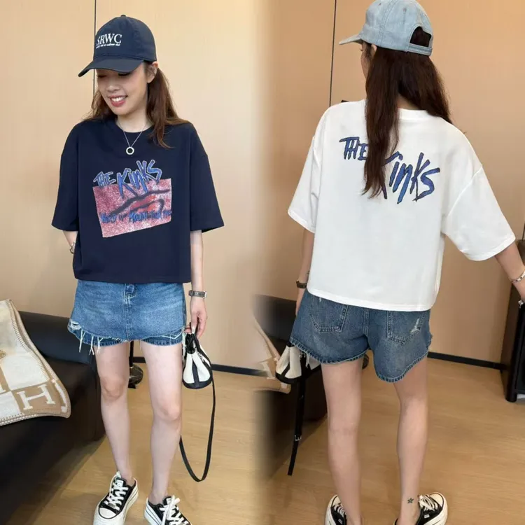 二姐的宝藏夏季宽松休闲字母印花百搭圆领短袖T恤#25192