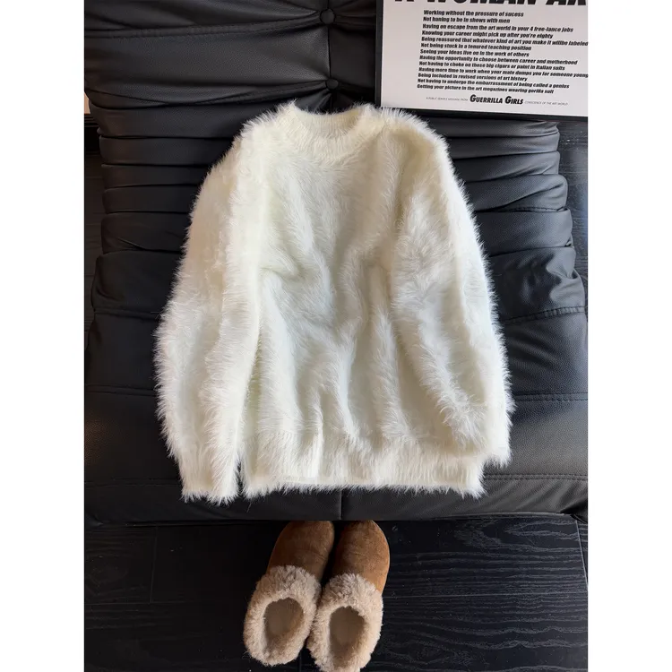 米白色海马毛软糯毛衣男款秋冬韩系穿搭情侣针织衫圆领高级感外套