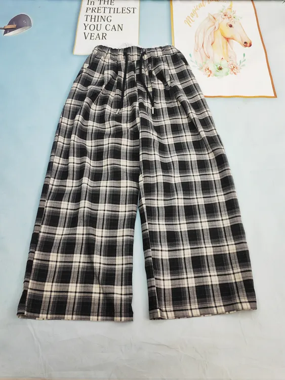 8137蕾丝花边格子阔腿裤女2025新款春夏高腰慵懒宽松直筒休闲裤子