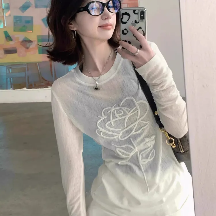 新款韩系穿搭白色防晒罩衫女夏季长袖微透薄款修身针织衫t恤上衣