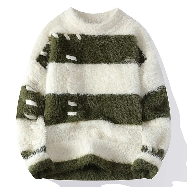 森马联名HMHX撞色条纹仿水貂绒毛衣男款秋冬季加绒加厚针织衫保暖