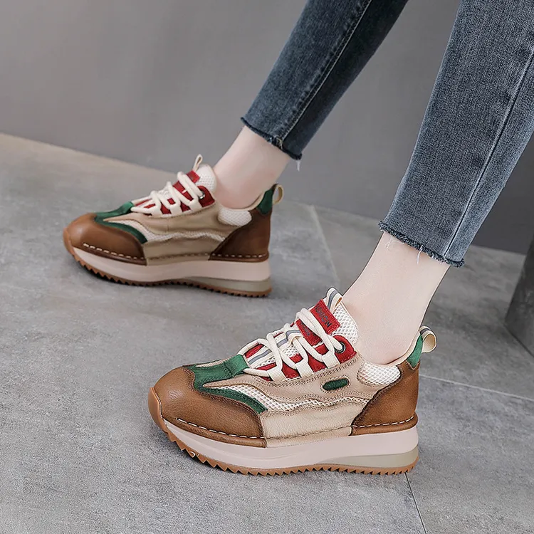 真皮阿甘鞋女厚底增高松糕单鞋2025春新款头层牛皮拼色运动休闲鞋