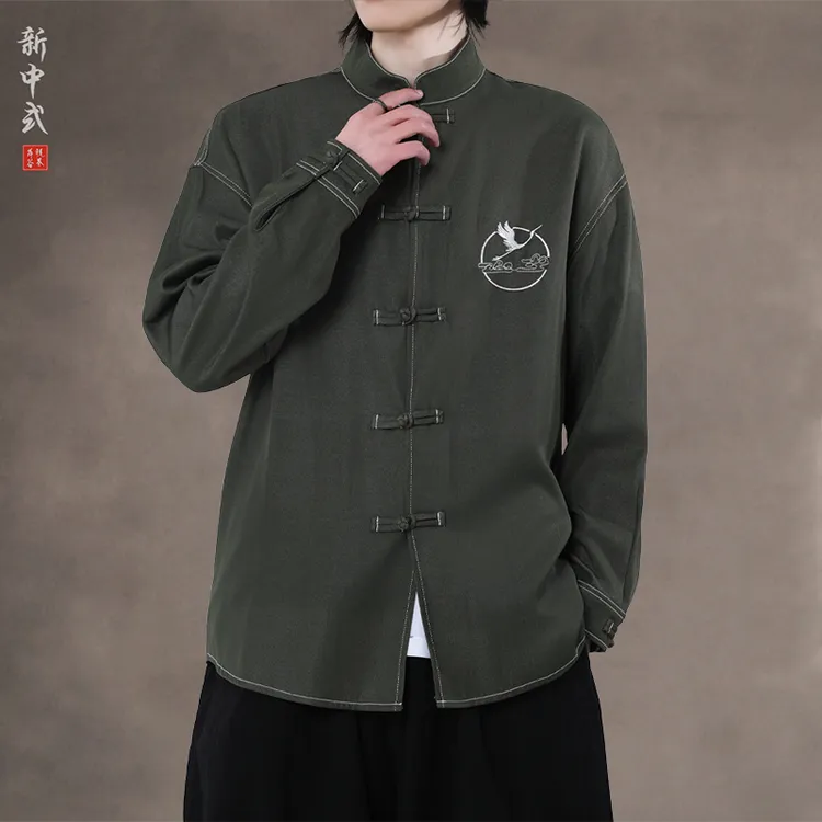 新中式刺绣盘扣立领唐装长袖中国风男装简约中山装上衣国潮居士服