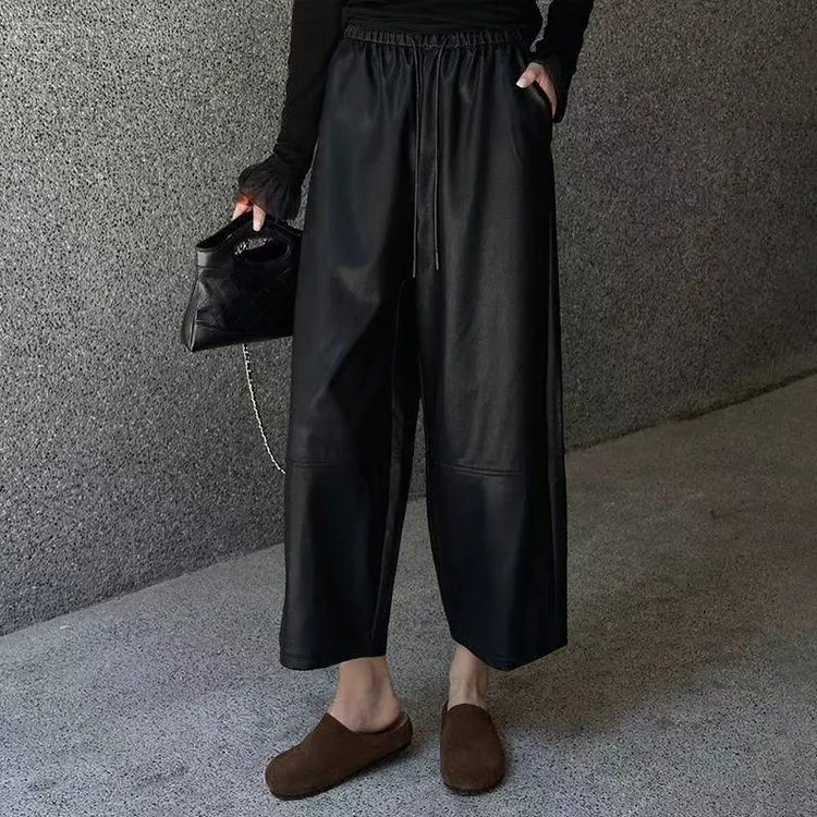 秋季时尚洋气宽松百搭九分休闲皮裤痞帅炸街风女装250821Y6