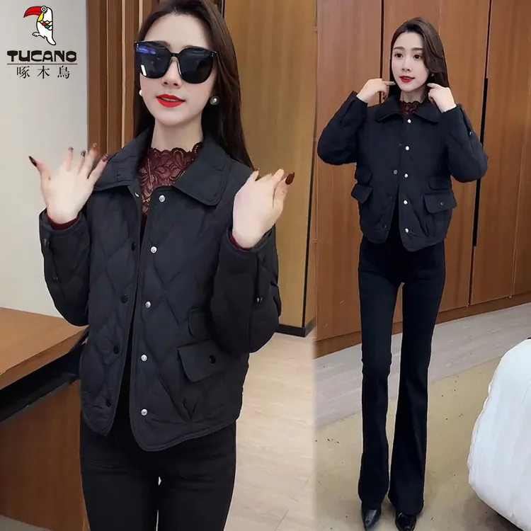 啄木鸟时尚菱格短款棉服女2025冬季新款洋气显瘦短款菱格保暖棉服