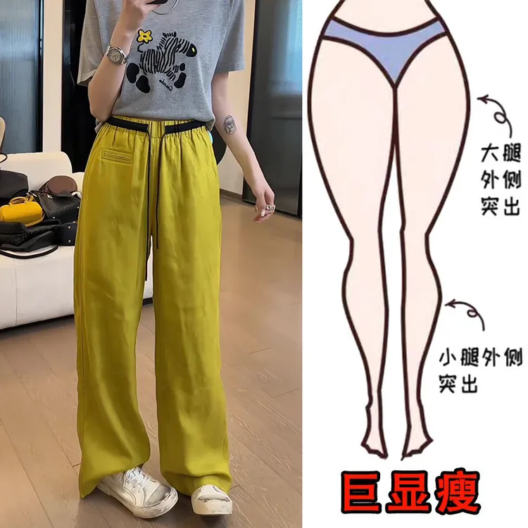 2025夏薄款大码女装撞色松紧腰阔腿休闲裤梨形身材显瘦亚麻拖地裤
