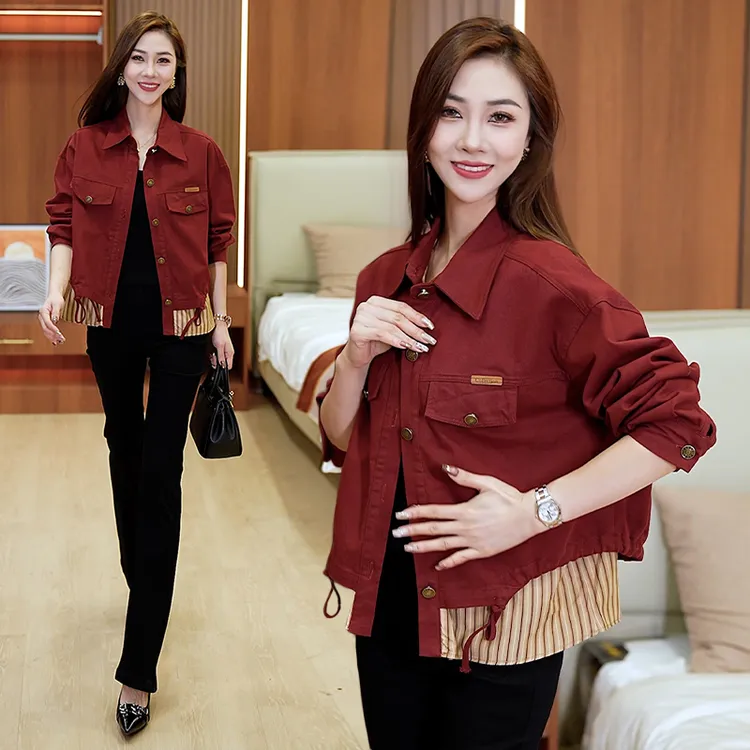 女款早秋2025新款短款宽松休闲百搭小个子工装牛仔假两件外套