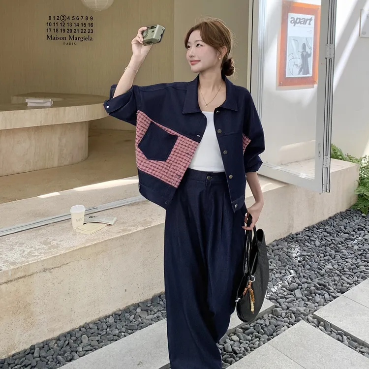 复古时髦设计感撞色牛仔衬衫套装女2025秋季新款休闲阔腿裤两件套
