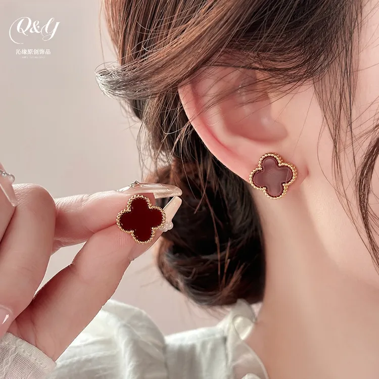 足银耳饰 耳钉耳环女s999耳饰金边红色四叶花生日礼物精美小物件