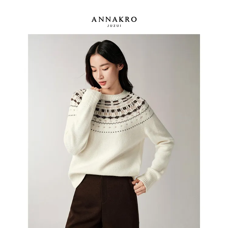 玖姿安娜蔻羊毛针织衫女2025冬新款复古费尔岛提花H型KWFD31032