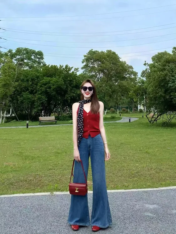 2025夏季新款法式复古红色坎肩针织吊带背心复古牛仔裤两件套装