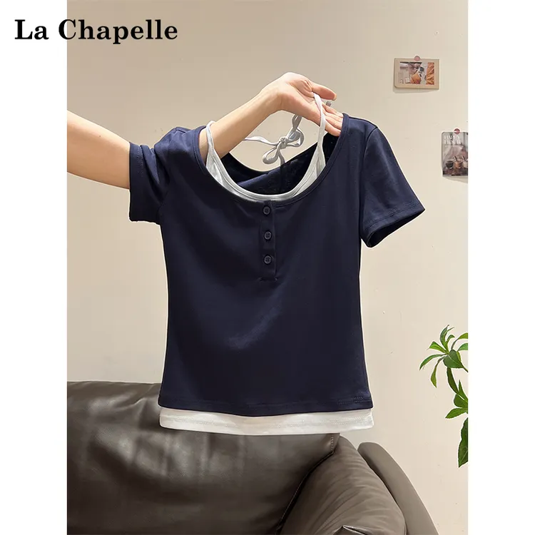 拉夏贝尔拼色小众假两件百搭短袖T恤女夏季修身显瘦设计感小上衣