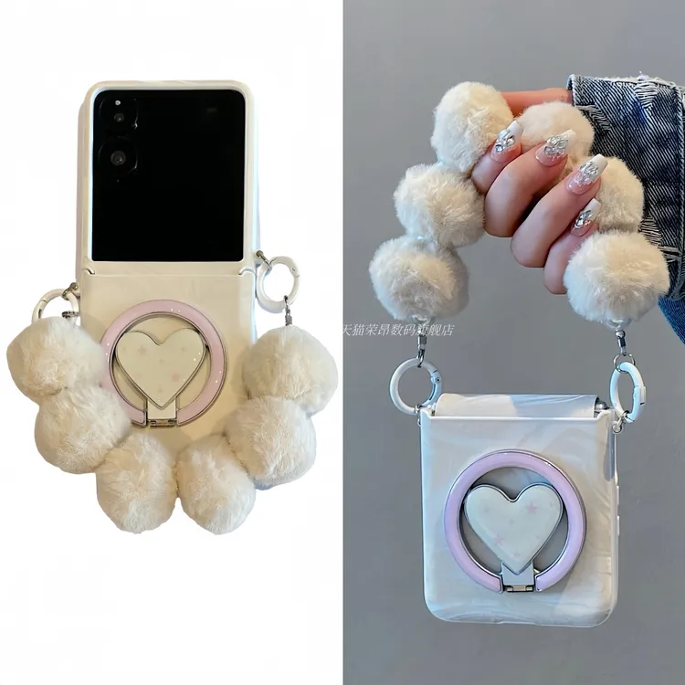 适用小米mixflip手机壳秋冬荣耀vflip2丝绸纹毛球手提绳华为purax